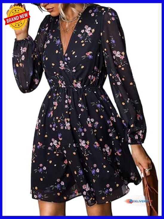 Dresses & Skirts - V Neck Chiffon Mini Dress Flowy Long Peasant Sleeve